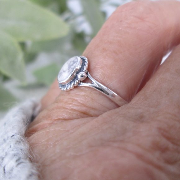 White Buffalo Turquoise ring>925 Sterling White Buffalo Ring,Dainty Turquoise - Picture 3 of 8